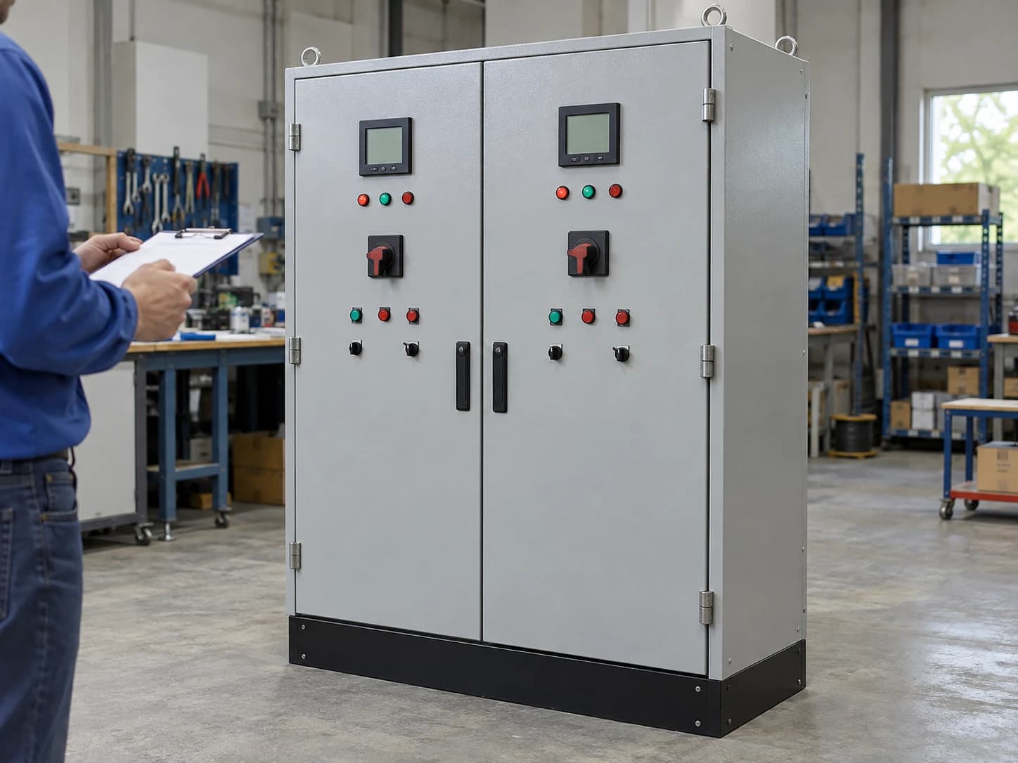 AI-generated representative motor control panel workshop scene